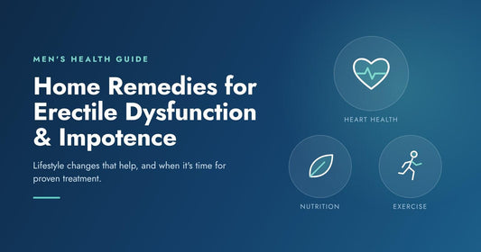 Blog header graphic for home remedies for erectile dysfunction and impotence, with heart health, nutrition, and exercise icons